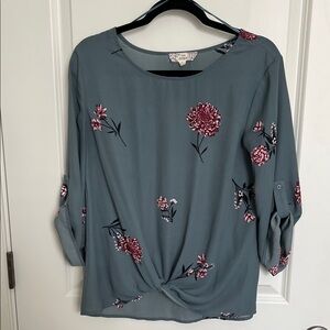 Pink Republic Floral Blouse - Grayish Teal and Pink